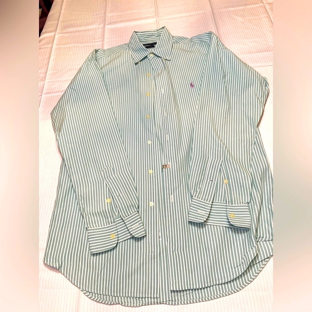 Ralph Lauren Golf Button Down Shirt Mens Med Green White Tilden Striped Casual